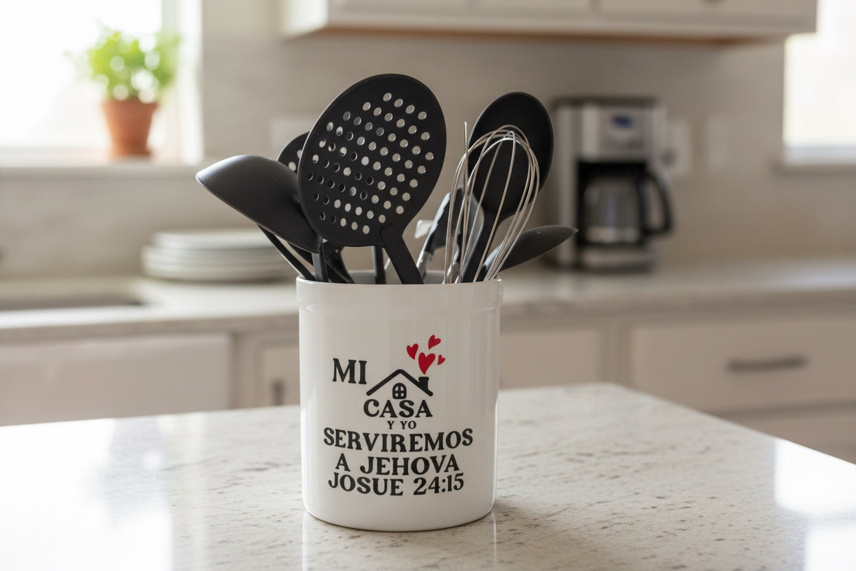 Porta utensilios de cerámica con verso bíblico (utensilios no incluidos).